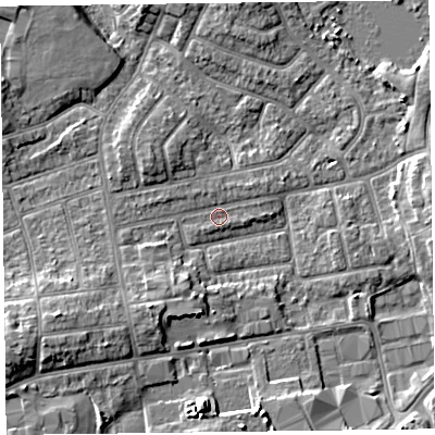 Shaded relief map of the ground around FY20EB, computed from Environment Agency LiDAR. The ground here sits at about 7 m above sea level and falls 7 m across the surrounding 800 m. Surface water reaching this point runs off ground lying to the south-west, 4.3 m higher.
