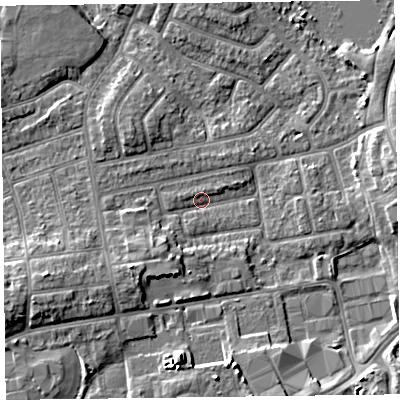 Shaded relief map of the ground around FY20ED, computed from Environment Agency LiDAR. The ground here sits at about 7 m above sea level and falls 7 m across the surrounding 800 m. Surface water reaching this point runs off ground lying to the south, 6.6 m higher.