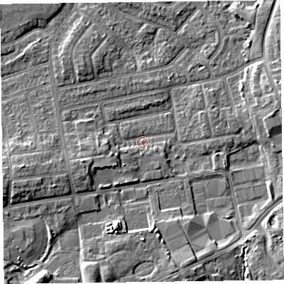 Shaded relief map of the ground around FY20EE, computed from Environment Agency LiDAR. The ground here sits at about 7 m above sea level and falls 7 m across the surrounding 800 m. Surface water reaching this point runs off ground lying to the south-south-west, 6.6 m higher.