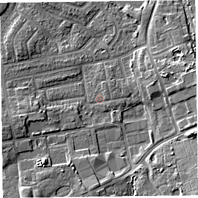 Shaded relief map of the ground around FY20EF, computed from Environment Agency LiDAR. The ground here sits at about 7 m above sea level and falls 9 m across the surrounding 800 m. Surface water reaching this point runs off ground lying to the east-south-east, 8.1 m higher.