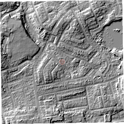 Shaded relief map of the ground around FY20ER, computed from Environment Agency LiDAR. The ground here sits at about 7 m above sea level and falls 7 m across the surrounding 800 m. Surface water reaching this point runs off ground lying to the south-west, 3.6 m higher.