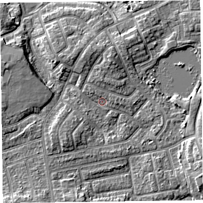 Shaded relief map of the ground around FY20EU, computed from Environment Agency LiDAR. The ground here sits at about 7 m above sea level and falls 6 m across the surrounding 800 m. Surface water reaching this point runs off ground lying to the south-west, 3.6 m higher.