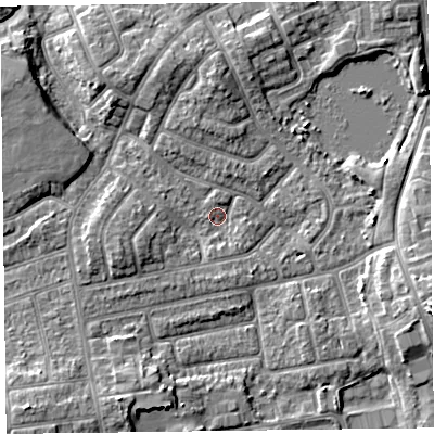 Shaded relief map of the ground around FY20EX, computed from Environment Agency LiDAR. The ground here sits at about 6 m above sea level and falls 7 m across the surrounding 800 m. Surface water reaching this point runs off ground lying to the west-south-west, 3.6 m higher.
