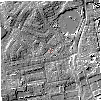 Shaded relief map of the ground around FY20EY, computed from Environment Agency LiDAR. The ground here sits at about 6 m above sea level and falls 8 m across the surrounding 800 m. Surface water reaching this point runs off ground lying to the south-west, 6.0 m higher.