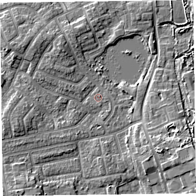 Shaded relief map of the ground around FY20EZ, computed from Environment Agency LiDAR. The ground here sits at about 7 m above sea level and falls 8 m across the surrounding 800 m. Surface water reaching this point runs off ground lying to the south-east, 5.8 m higher.