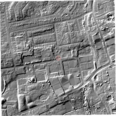 Shaded relief map of the ground around FY20FB, computed from Environment Agency LiDAR. The ground here sits at about 7 m above sea level and falls 8 m across the surrounding 800 m. Surface water reaching this point runs off ground lying to the east-north-east, 6.9 m higher.