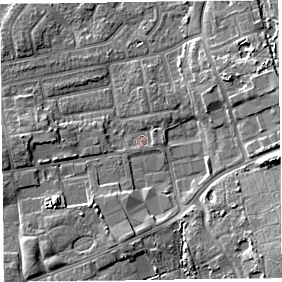Shaded relief map of the ground around FY20FP, computed from Environment Agency LiDAR. The ground here sits at about 7 m above sea level and falls 9 m across the surrounding 800 m. Surface water reaching this point runs off ground lying to the north-east, 1.9 m higher.