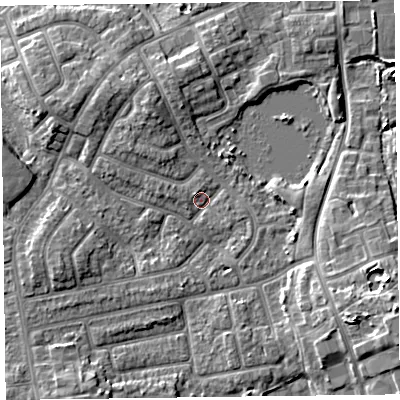 Shaded relief map of the ground around FY20HA, computed from Environment Agency LiDAR. The ground here sits at about 6 m above sea level and falls 8 m across the surrounding 800 m. Surface water reaching this point runs off ground lying to the south-east, 5.8 m higher.