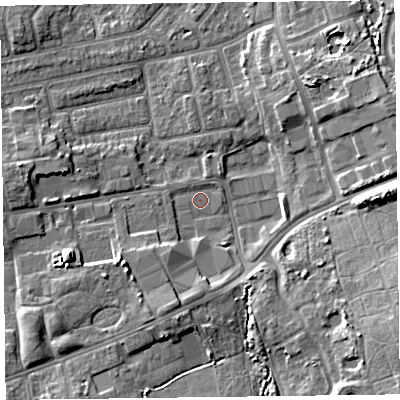 Shaded relief map of the ground around FY20JF, computed from Environment Agency LiDAR. The ground here sits at about 7 m above sea level and falls 9 m across the surrounding 800 m. Surface water reaching this point runs off ground lying to the south-east, 8.5 m higher.