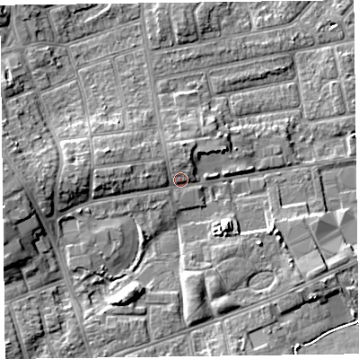 Shaded relief map of the ground around FY20JG, computed from Environment Agency LiDAR. The ground here sits at about 10 m above sea level and falls 9 m across the surrounding 800 m. Surface water reaching this point runs off ground lying to the west, 3.1 m higher.