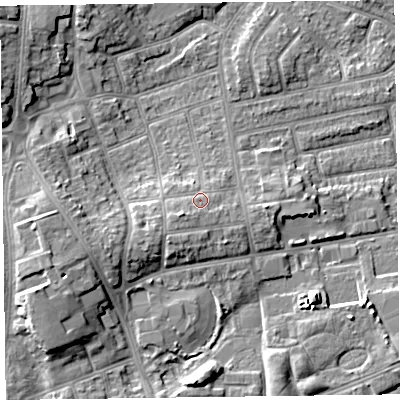 Shaded relief map of the ground around FY20JZ, computed from Environment Agency LiDAR. The ground here sits at about 11 m above sea level and falls 10 m across the surrounding 800 m. Surface water reaching this point runs off ground lying to the south-west, 2.4 m higher.