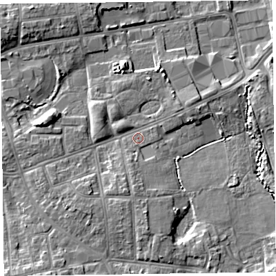 Shaded relief map of the ground around FY20LY, computed from Environment Agency LiDAR. The ground here sits at about 9 m above sea level and falls 7 m across the surrounding 800 m. Surface water reaching this point runs off ground lying to the east-north-east, 2.4 m higher.