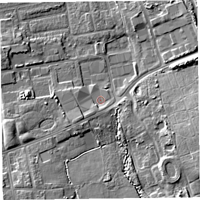 Shaded relief map of the ground around FY20LZ, computed from Environment Agency LiDAR. The ground here sits at about 8 m above sea level and falls 10 m across the surrounding 800 m. Surface water reaching this point runs off ground lying to the south-south-west, 2.9 m higher.