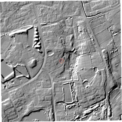 Shaded relief map of the ground around FY20NA, computed from Environment Agency LiDAR. The ground here sits at about 7 m above sea level and falls 8 m across the surrounding 800 m. Surface water reaching this point runs off ground lying to the west-north-west, 1.9 m higher.