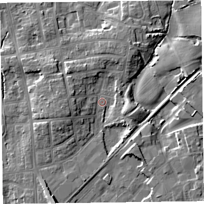 Shaded relief map of the ground around FY20PZ, computed from Environment Agency LiDAR. The ground here sits at about 12 m above sea level and falls 10 m across the surrounding 800 m. Surface water reaching this point runs off ground lying to the west-south-west, 6.4 m higher.