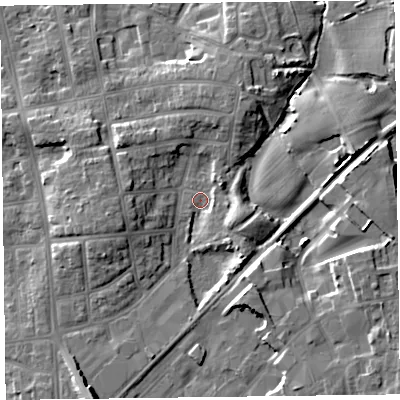 Shaded relief map of the ground around FY20QA, computed from Environment Agency LiDAR. The ground here sits at about 12 m above sea level and falls 10 m across the surrounding 800 m. Surface water reaching this point runs off ground lying to the west-south-west, 6.4 m higher.