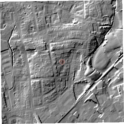 Shaded relief map of the ground around FY20QE, computed from Environment Agency LiDAR. The ground here sits at about 14 m above sea level and falls 9 m across the surrounding 800 m. Surface water reaching this point runs off ground lying to the west, 3.8 m higher.
