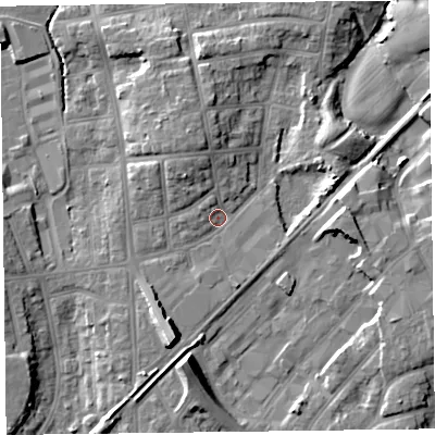 Shaded relief map of the ground around FY20QL, computed from Environment Agency LiDAR. The ground here sits at about 13 m above sea level and falls 10 m across the surrounding 800 m. Surface water reaching this point runs off ground lying to the south-south-west, 8.9 m higher.