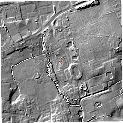 Shaded relief map of the ground around FY20WD, computed from Environment Agency LiDAR. The ground here sits at about 9 m above sea level and falls 12 m across the surrounding 800 m. Surface water reaching this point runs off ground lying to the east-north-east, 8.3 m higher.