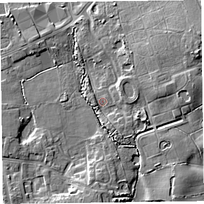 Shaded relief map of the ground around FY20WG, computed from Environment Agency LiDAR. The ground here sits at about 10 m above sea level and falls 12 m across the surrounding 800 m. Surface water reaching this point runs off ground lying to the east-north-east, 7.1 m higher.