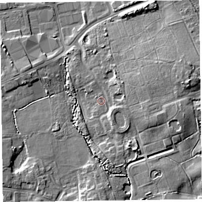 Shaded relief map of the ground around FY20WJ, computed from Environment Agency LiDAR. The ground here sits at about 10 m above sea level and falls 12 m across the surrounding 800 m. Surface water reaching this point runs off ground lying to the east-north-east, 6.9 m higher.