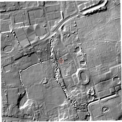 Shaded relief map of the ground around FY20WN, computed from Environment Agency LiDAR. The ground here sits at about 9 m above sea level and falls 11 m across the surrounding 800 m. Surface water reaching this point runs off ground lying to the east, 9.5 m higher.