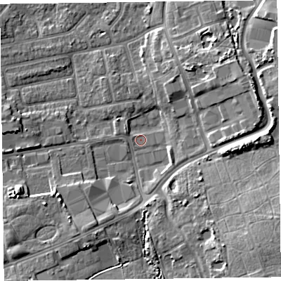 Shaded relief map of the ground around FY20WP, computed from Environment Agency LiDAR. The ground here sits at about 7 m above sea level and falls 10 m across the surrounding 800 m. Surface water reaching this point runs off ground lying to the east-south-east, 9.7 m higher.