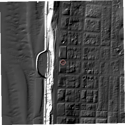 Shaded relief map of the ground around FY29RP, computed from Environment Agency LiDAR. The ground here sits at about 26 m above sea level and falls 29 m across the surrounding 800 m. Surface water reaching this point runs off ground lying to the south-west, 1.9 m higher.
