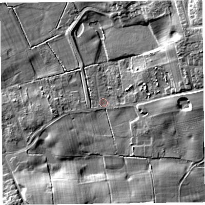 Shaded relief map of the ground around FY30AL, computed from Environment Agency LiDAR. The ground here sits at about 10 m above sea level and falls 16 m across the surrounding 800 m. Surface water reaching this point runs off ground lying to the north-east, 15.3 m higher.