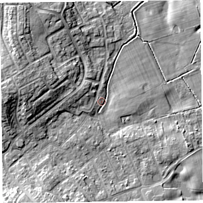 Shaded relief map of the ground around FY37EA, computed from Environment Agency LiDAR. The ground here sits at about 11 m above sea level and falls 12 m across the surrounding 800 m. Surface water reaching this point runs off ground lying to the west-north-west, 5.4 m higher.