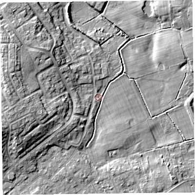 Shaded relief map of the ground around FY37EB, computed from Environment Agency LiDAR. The ground here sits at about 11 m above sea level and falls 12 m across the surrounding 800 m. Surface water reaching this point runs off ground lying to the west-south-west, 10.3 m higher.