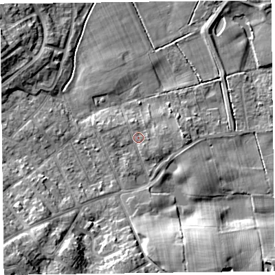 Shaded relief map of the ground around FY37SG, computed from Environment Agency LiDAR. The ground here sits at about 12 m above sea level and falls 13 m across the surrounding 800 m. Surface water reaching this point runs off ground lying to the south-south-east, 1.2 m higher.
