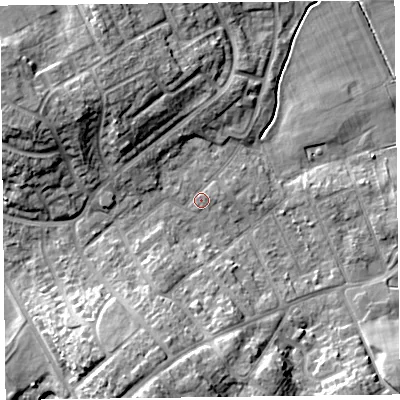 Shaded relief map of the ground around FY37SP, computed from Environment Agency LiDAR. The ground here sits at about 12 m above sea level and falls 14 m across the surrounding 800 m. Surface water reaching this point runs off ground lying to the east-north-east, 0.9 m higher.