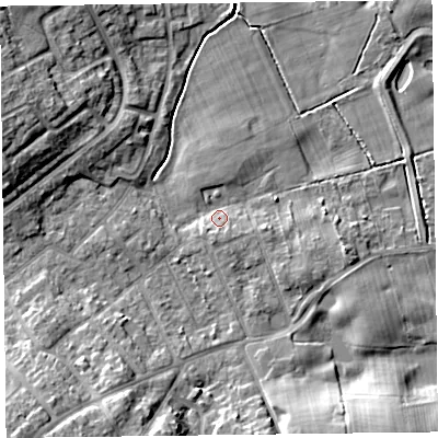 Shaded relief map of the ground around FY37SY, computed from Environment Agency LiDAR. The ground here sits at about 12 m above sea level and falls 13 m across the surrounding 800 m. Surface water reaching this point runs off ground lying to the south, 2.9 m higher.