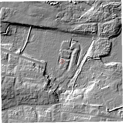 Shaded relief map of the ground around FY39PB, computed from Environment Agency LiDAR. The ground here sits at about 6 m above sea level and falls 12 m across the surrounding 800 m. Surface water reaching this point runs off ground lying to the south-south-east, 10.5 m higher.