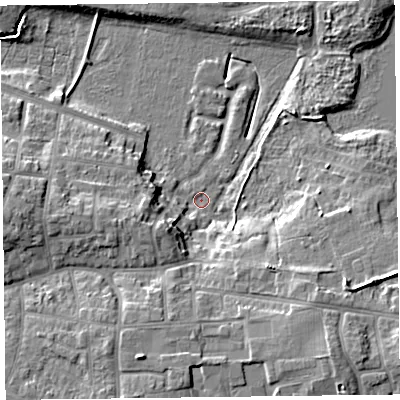 Shaded relief map of the ground around FY39PE, computed from Environment Agency LiDAR. The ground here sits at about 6 m above sea level and falls 12 m across the surrounding 800 m. Surface water reaching this point runs off ground lying to the south-east, 10.4 m higher.