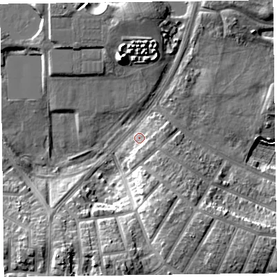 Shaded relief map of the ground around FY39RS, computed from Environment Agency LiDAR. The ground here sits at about 10 m above sea level and falls 14 m across the surrounding 800 m. Surface water reaching this point runs off ground lying to the south, 12.7 m higher.