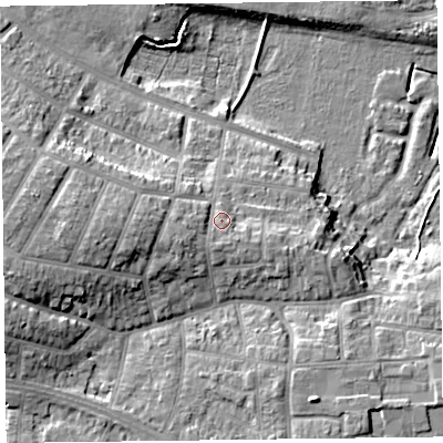 Shaded relief map of the ground around FY39SR, computed from Environment Agency LiDAR. The ground here sits at about 13 m above sea level and falls 14 m across the surrounding 800 m. Surface water reaching this point runs off ground lying to the west-south-west, 2.8 m higher.