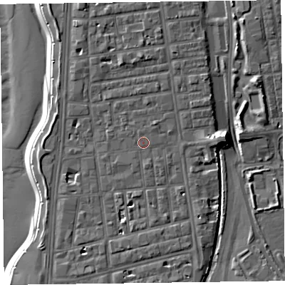 Shaded relief map of the ground around FY41AB, computed from Environment Agency LiDAR. The ground here sits at about 8 m above sea level and falls 11 m across the surrounding 800 m. Surface water reaching this point runs off ground lying to the south-south-east, 0.8 m higher.