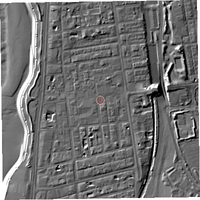 Shaded relief map of the ground around FY41AD, computed from Environment Agency LiDAR. The ground here sits at about 8 m above sea level and falls 11 m across the surrounding 800 m. Surface water reaching this point runs off ground lying to the south-south-east, 0.9 m higher.