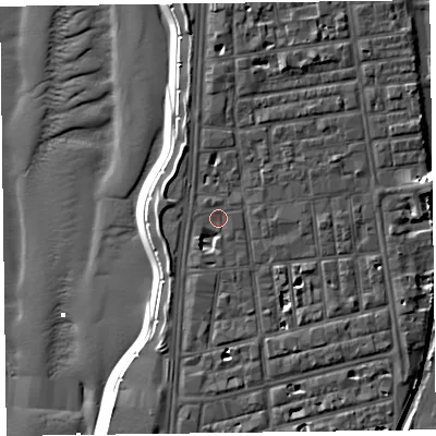 Shaded relief map of the ground around FY41AF, computed from Environment Agency LiDAR. The ground here sits at about 7 m above sea level and falls 13 m across the surrounding 800 m. Surface water reaching this point runs off ground lying to the south-south-east, 2.4 m higher.