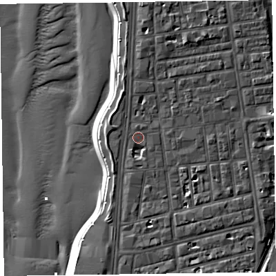 Shaded relief map of the ground around FY41AG, computed from Environment Agency LiDAR. The ground here sits at about 7 m above sea level and falls 12 m across the surrounding 800 m. Surface water reaching this point runs off ground lying to the south-south-east, 2.4 m higher.