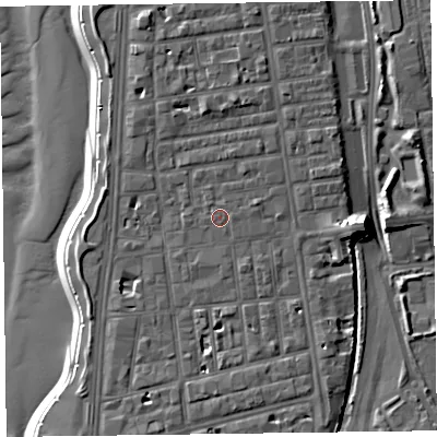 Shaded relief map of the ground around FY41AQ, computed from Environment Agency LiDAR. The ground here sits at about 8 m above sea level and falls 11 m across the surrounding 800 m. The ground contributing surface water to this point lies to the south-south-east.