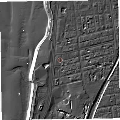 Shaded relief map of the ground around FY41BA, computed from Environment Agency LiDAR. The ground here sits at about 8 m above sea level and falls 14 m across the surrounding 800 m. Surface water reaching this point runs off ground lying to the east-south-east, 2.8 m higher.