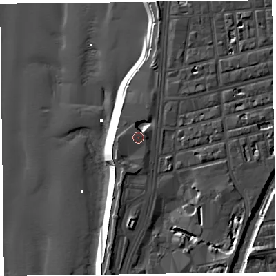 Shaded relief map of the ground around FY41BB, computed from Environment Agency LiDAR. The ground here sits at about 9 m above sea level and falls 16 m across the surrounding 800 m. Surface water reaching this point runs off ground lying to the south-south-west, 1.2 m higher.