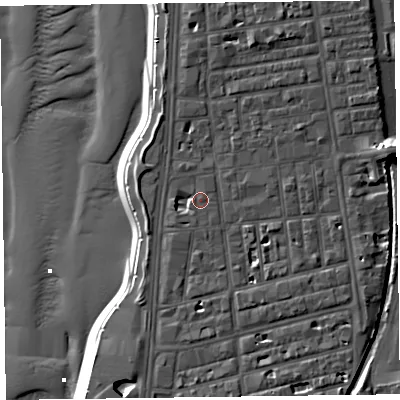 Shaded relief map of the ground around FY41BT, computed from Environment Agency LiDAR. The ground here sits at about 8 m above sea level and falls 13 m across the surrounding 800 m. Surface water reaching this point runs off ground lying to the south-south-east, 2.0 m higher.