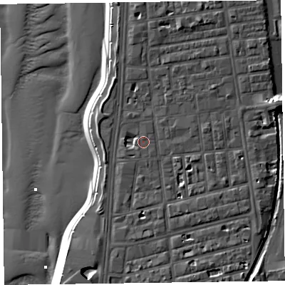 Shaded relief map of the ground around FY41BU, computed from Environment Agency LiDAR. The ground here sits at about 7 m above sea level and falls 13 m across the surrounding 800 m. Surface water reaching this point runs off ground lying to the south-south-east, 2.0 m higher.