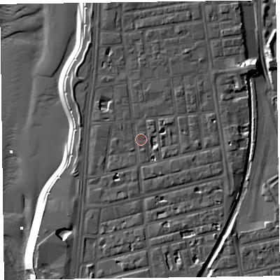 Shaded relief map of the ground around FY41BW, computed from Environment Agency LiDAR. The ground here sits at about 8 m above sea level and falls 12 m across the surrounding 800 m. Surface water reaching this point runs off ground lying to the south-east, 2.9 m higher.