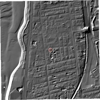 Shaded relief map of the ground around FY41BY, computed from Environment Agency LiDAR. The ground here sits at about 8 m above sea level and falls 12 m across the surrounding 800 m. Surface water reaching this point runs off ground lying to the south-south-east, 2.9 m higher.