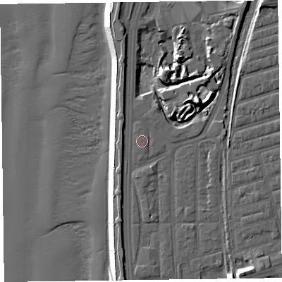 Shaded relief map of the ground around FY41NF, computed from Environment Agency LiDAR. The ground here sits at about 7 m above sea level and falls 19 m across the surrounding 800 m. Surface water reaching this point runs off ground lying to the north-east, 5.8 m higher.